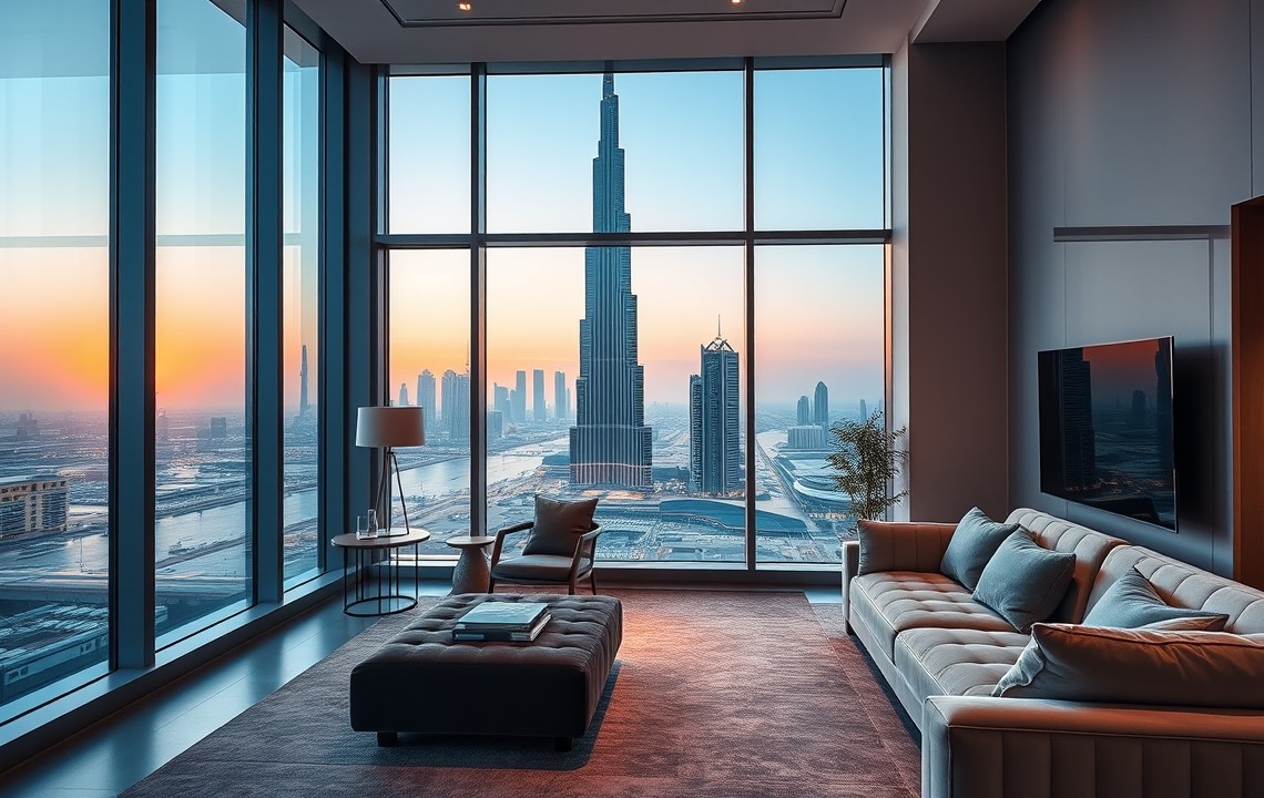 Luxury serviced apartment living room with Burj Khalifa view in Dubai