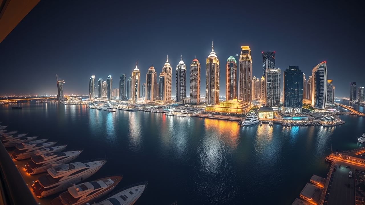 Dubai Marina skyline at night from a luxury balcony