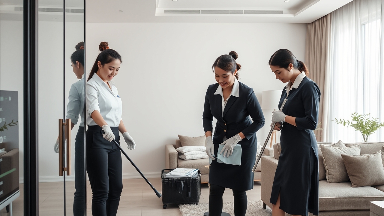 Professional housekeeping service in a high-end serviced apartment