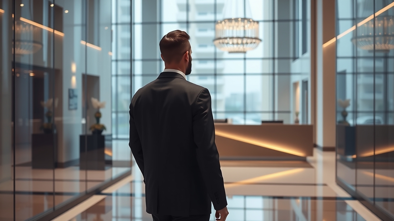 Professional entering a luxury hotel residence in Sharjah