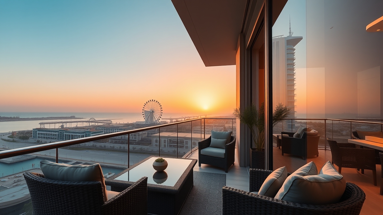 JBR Dubai Marina balcony view at sunset