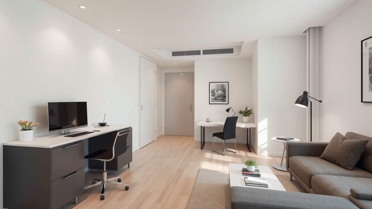 Modern studio apartment kitchenette and work area