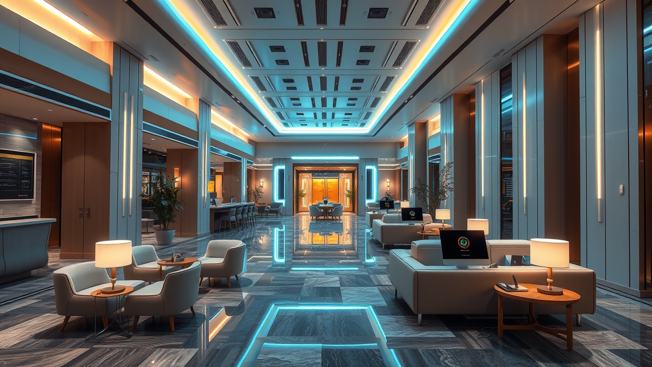 Futuristic hotel coworking lobby 2026