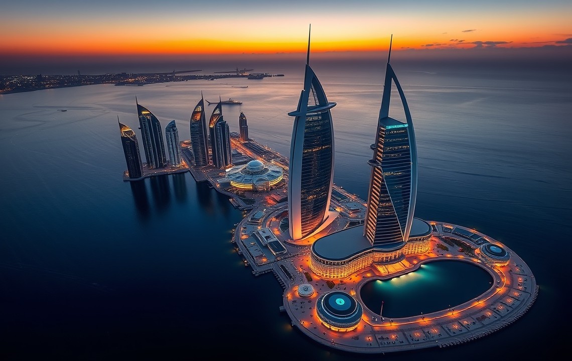 Al Maryah Island Abu Dhabi Global Market skyline at dusk