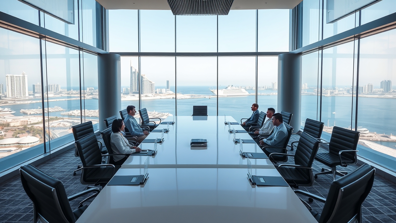 Professional boardroom overlooking Abu Dhabi Corniche