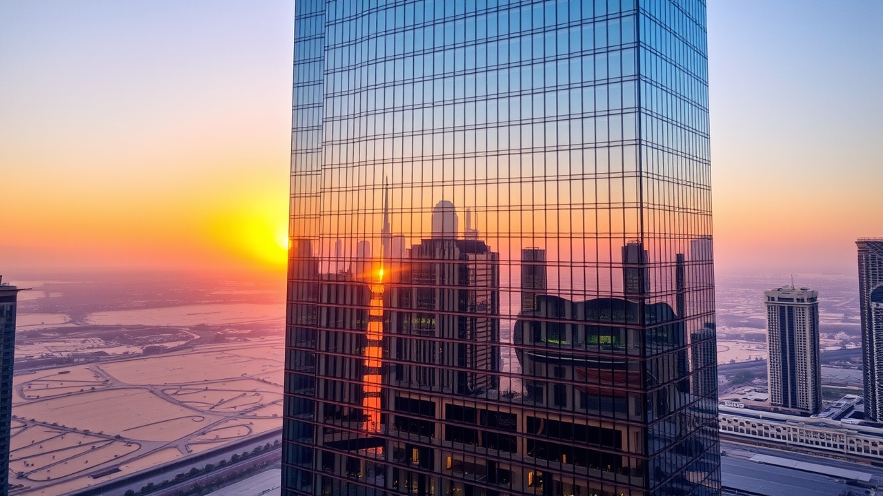 Modern glass skyscraper in Abu Dhabi at sunset