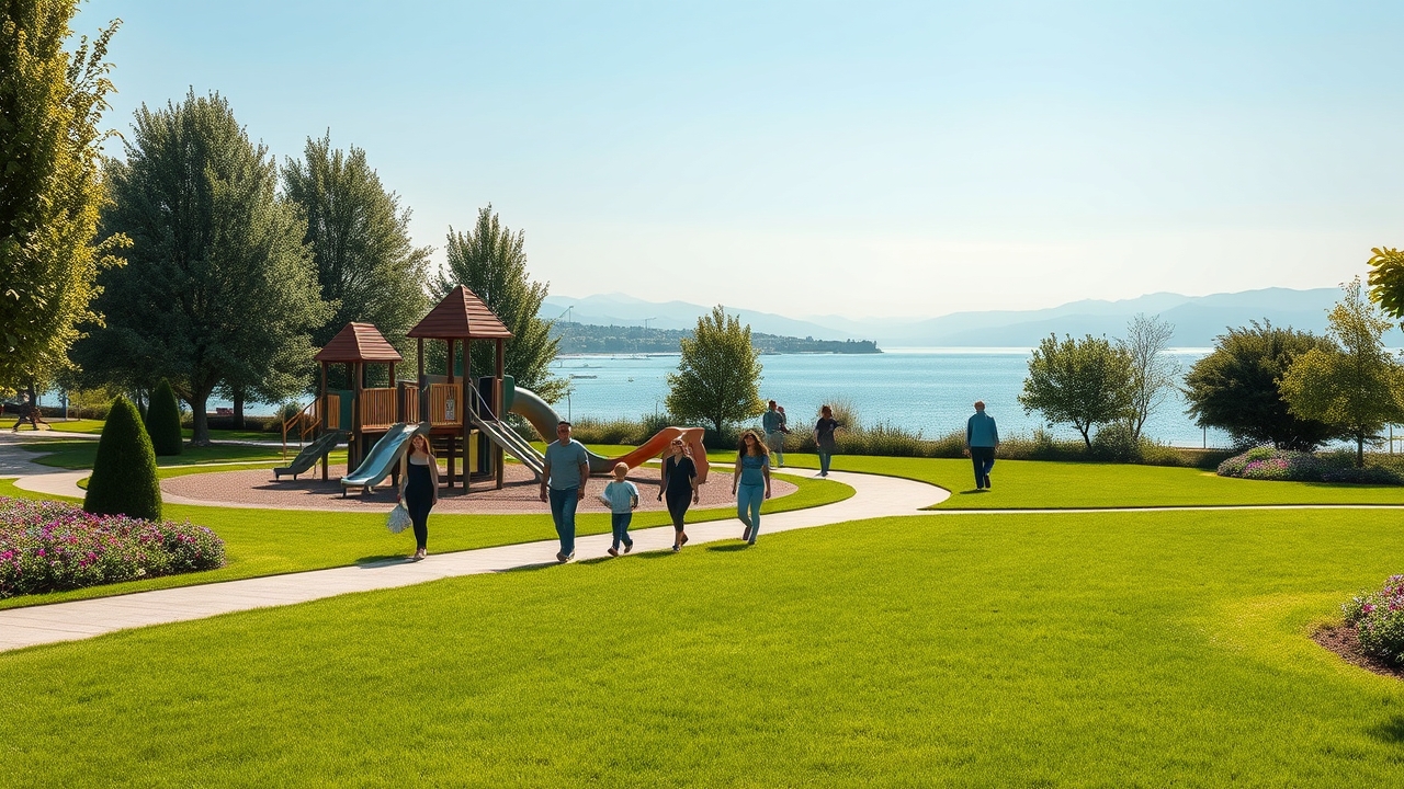 Public park in Lausanne with Lake Geneva view