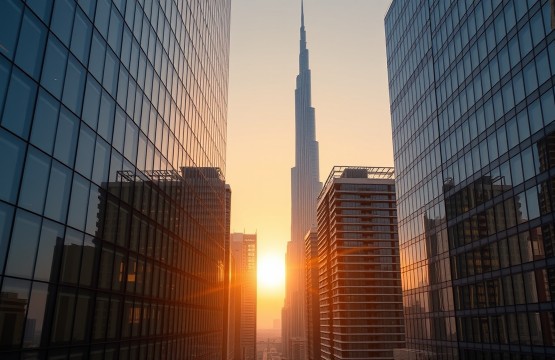 Luxury corporate building in Downtown Dubai during golden hour