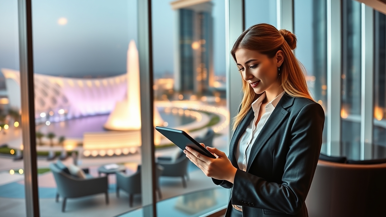 Business professional working in a luxury Dubai lounge
