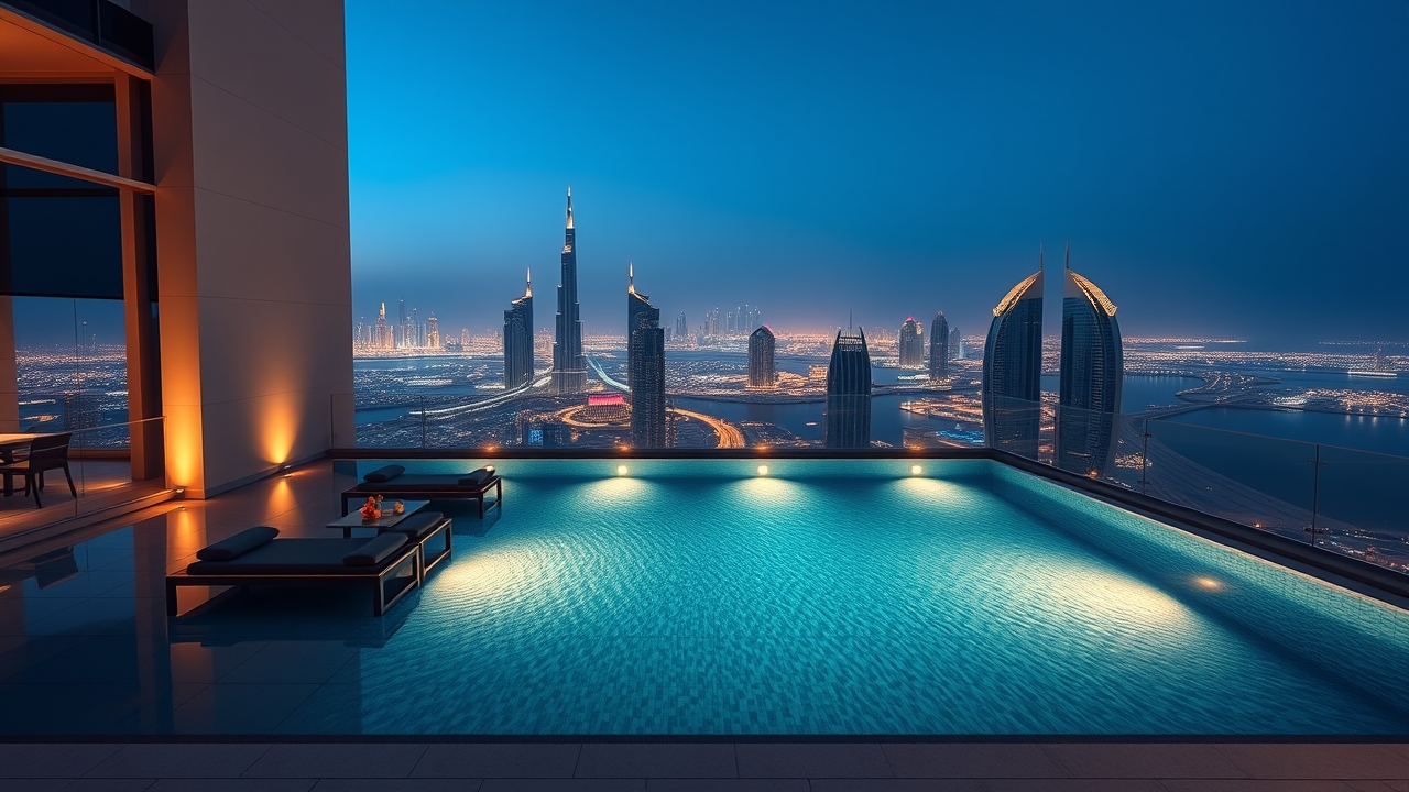 Rooftop infinity pool with Dubai skyline view