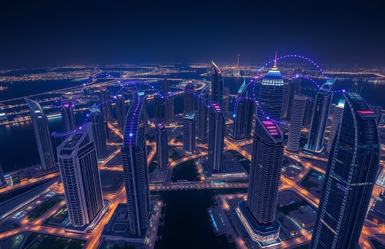Dubai Marina skyline with digital data streams representing 5.5G connectivity
