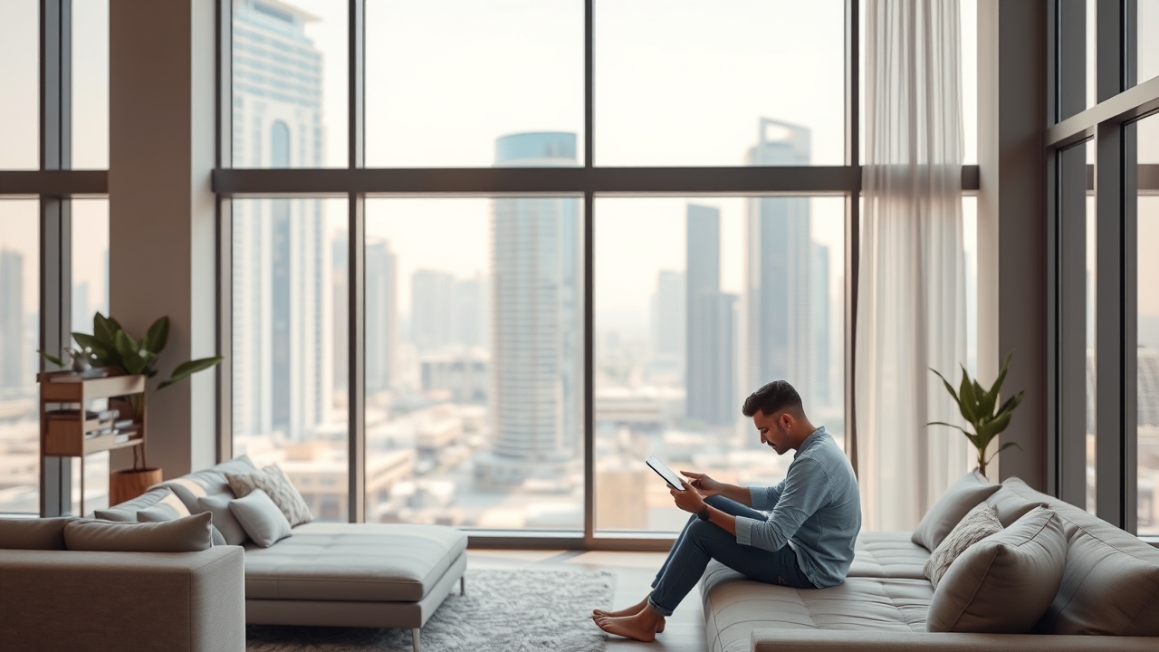 Digital nomad using high-speed internet in a Dubai co-living space