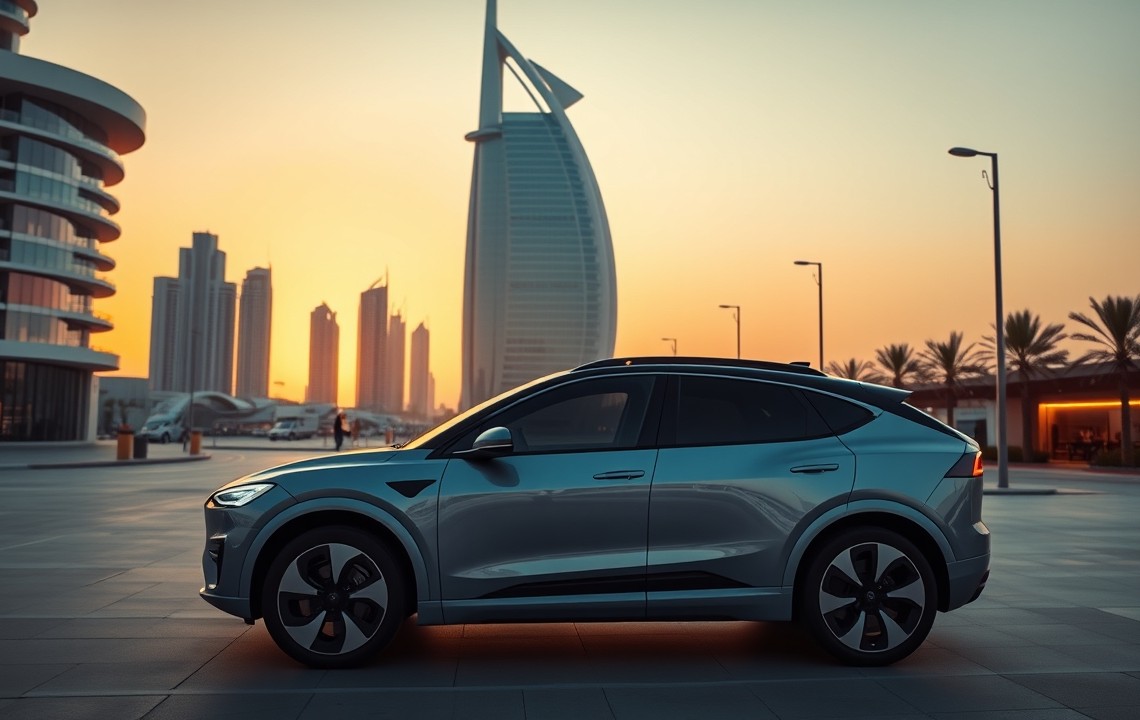 Modern electric SUV in Dubai at sunset