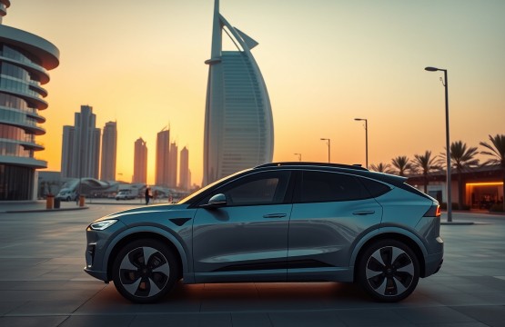 Modern electric SUV in Dubai at sunset