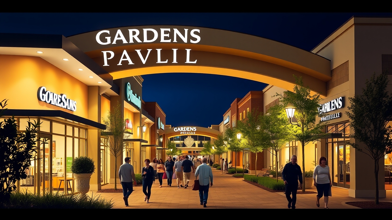 Night view of retail amenities in Discovery Gardens Pavillion
