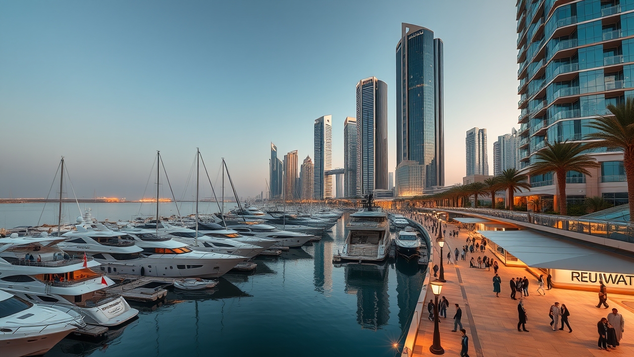 Modern marina and luxury yachts at Dubai Creek Harbour