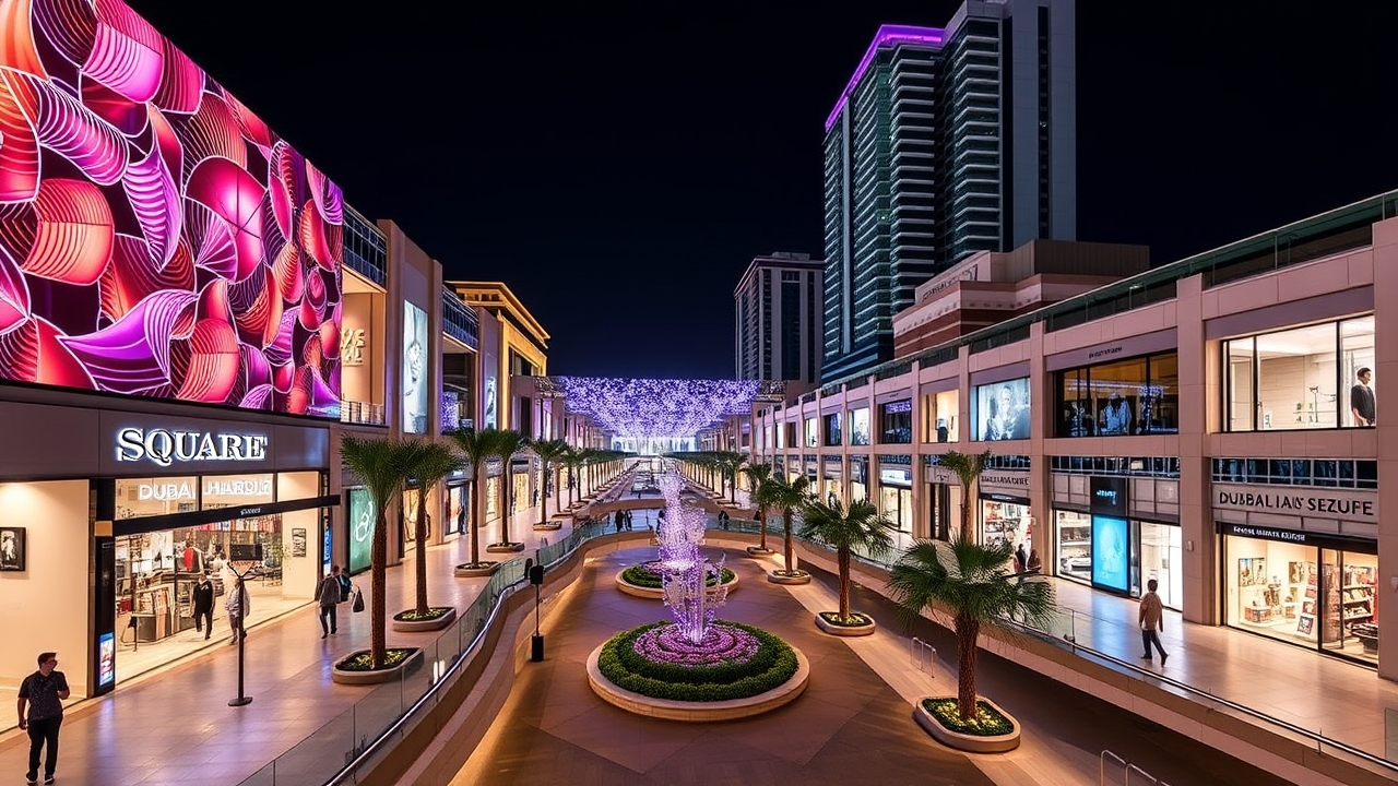 Futuristic retail district at Dubai Creek Harbour at night