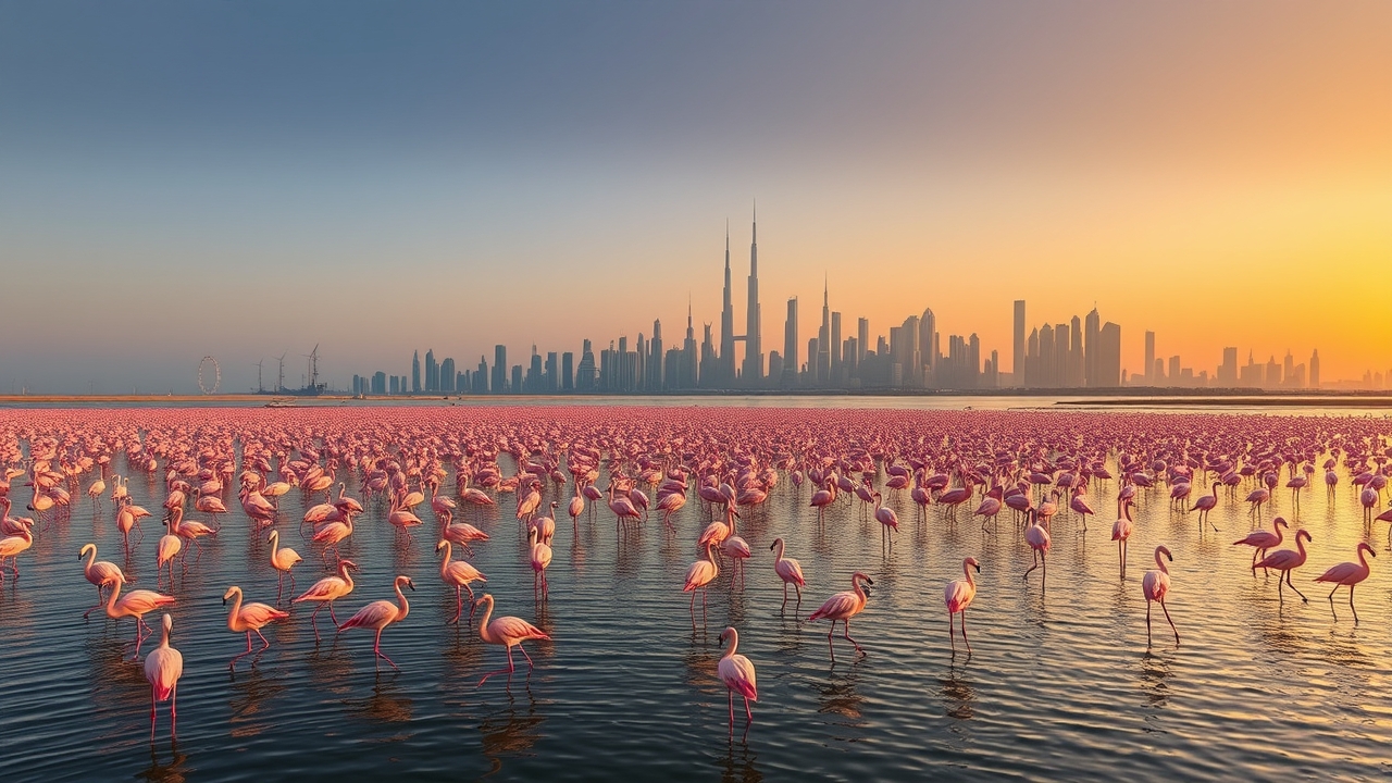 Pink flamingos at Ras Al Khor with DCH skyline background