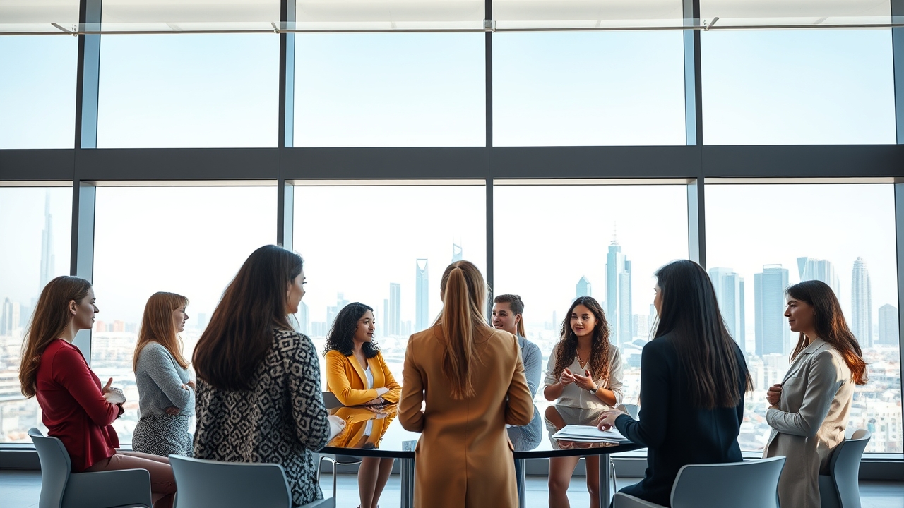 Professional women networking in a Dubai office