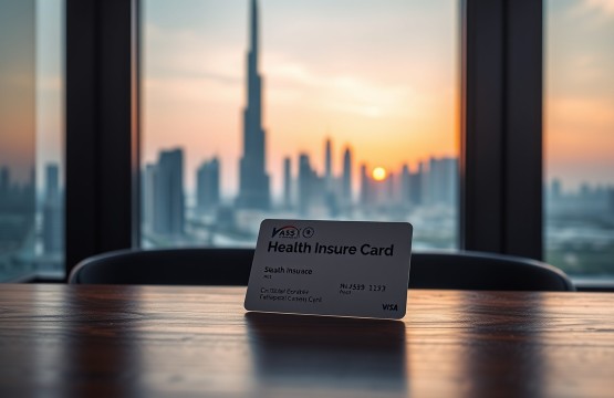 Health insurance card with Dubai skyline background
