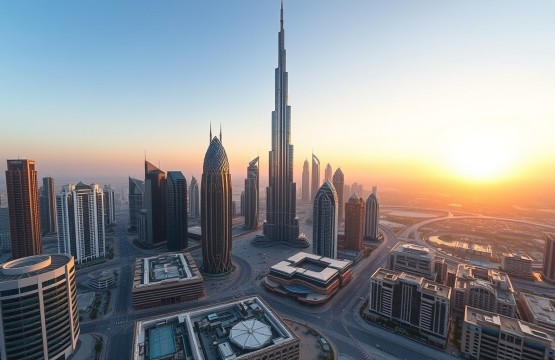 Dubai skyline business district at sunset