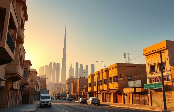 Satwa Dubai street view with Burj Khalifa in the background