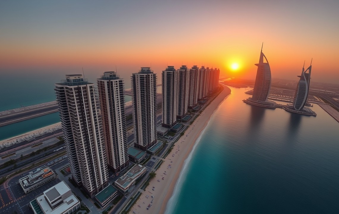 JBR Towers and Dubai Marina at sunset