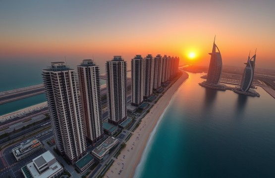 JBR Towers and Dubai Marina at sunset