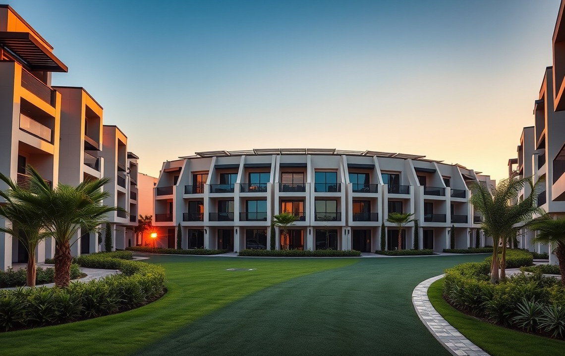 Modern townhouses in Damac Hills 2 at sunset