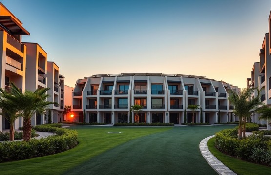 Modern townhouses in Damac Hills 2 at sunset