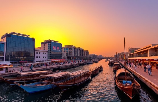 Deira Waterfront Market at sunset with dhows