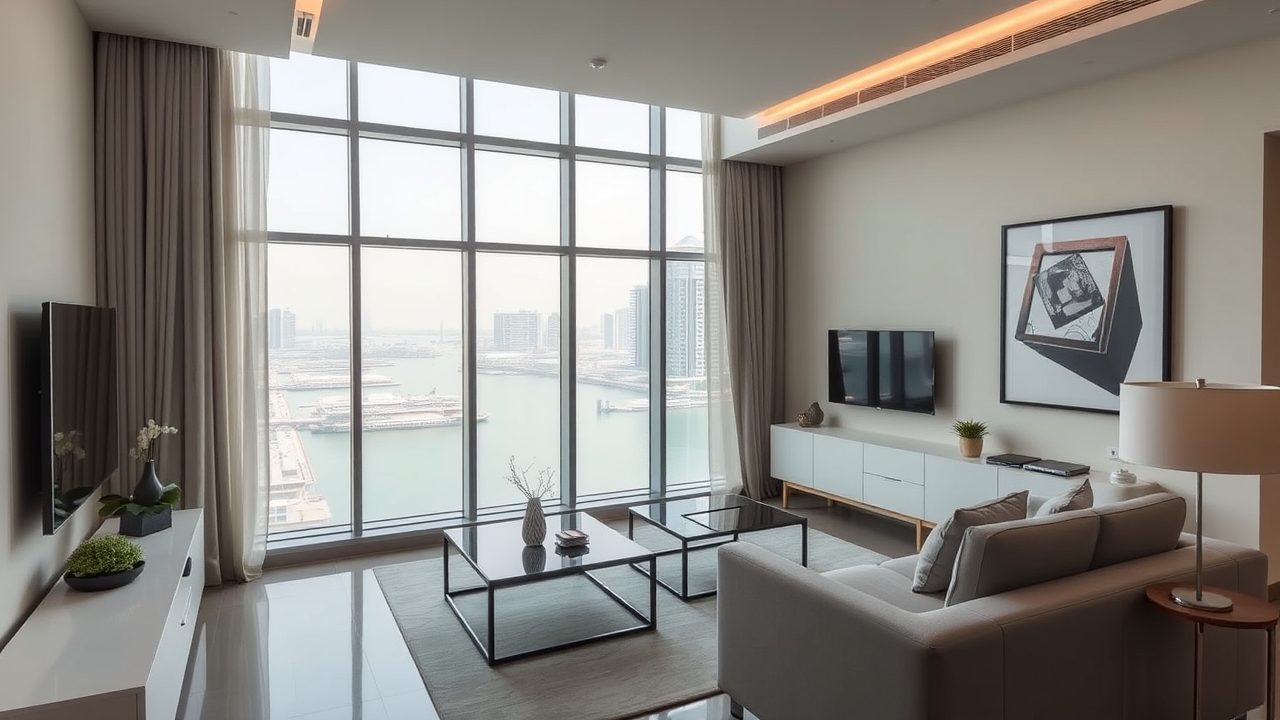 Modern Deira apartment interior with Creek view