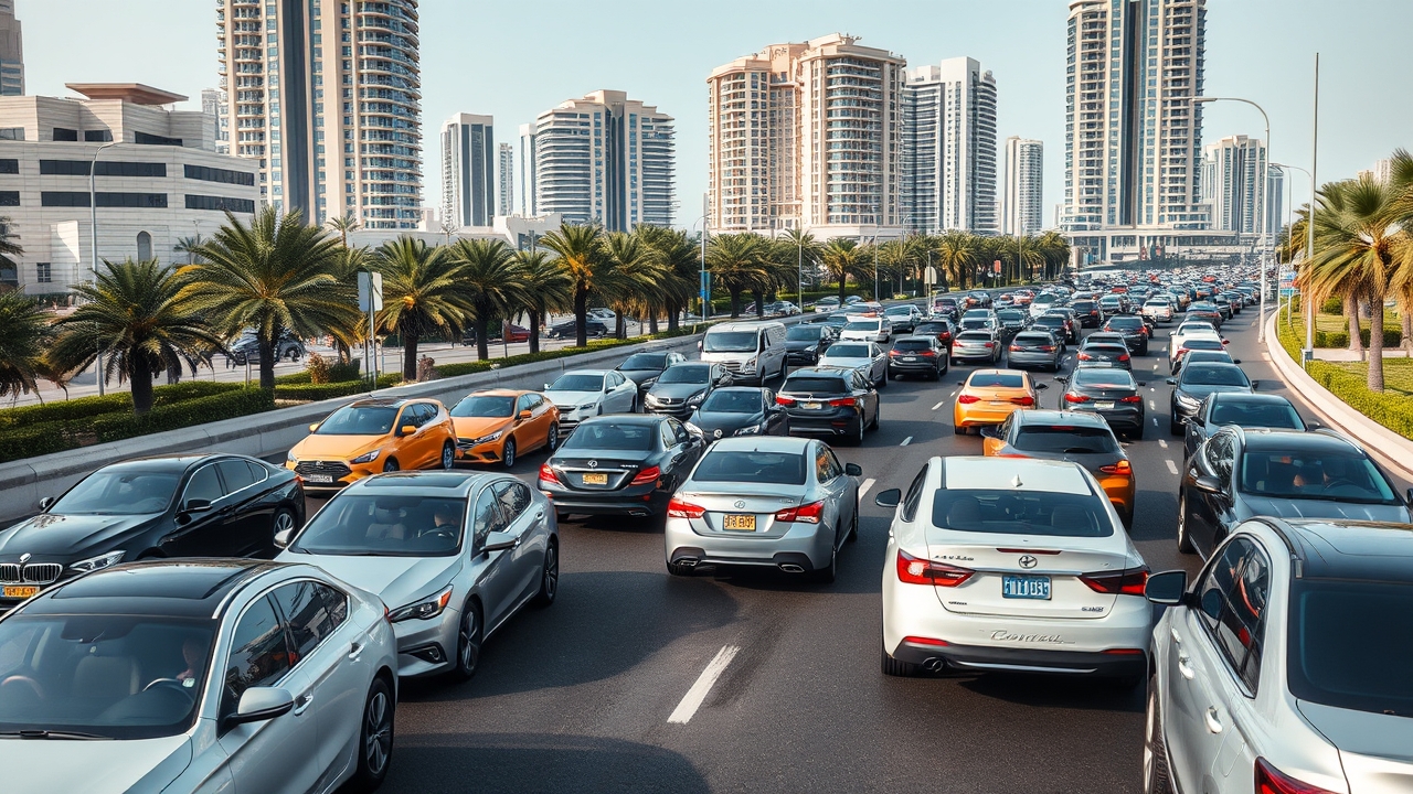 Traffic congestion on the Palm Jumeirah Trunk road