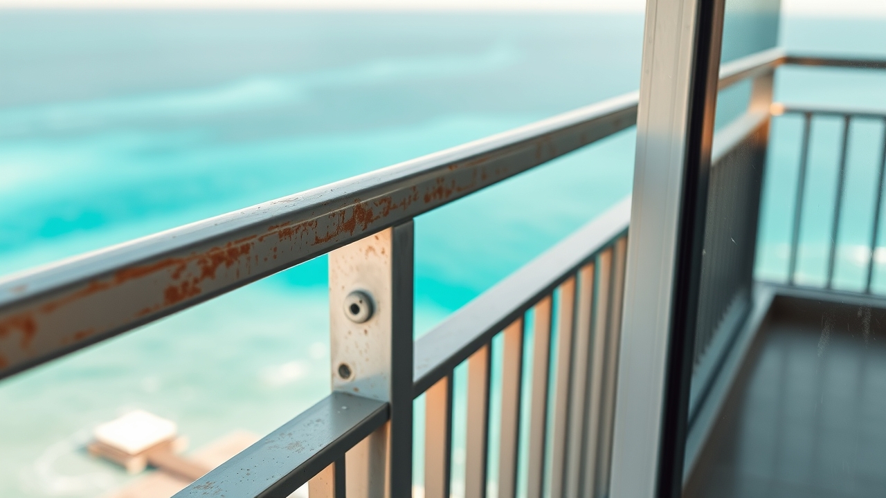 Salt air corrosion on a luxury balcony railing at the Palm
