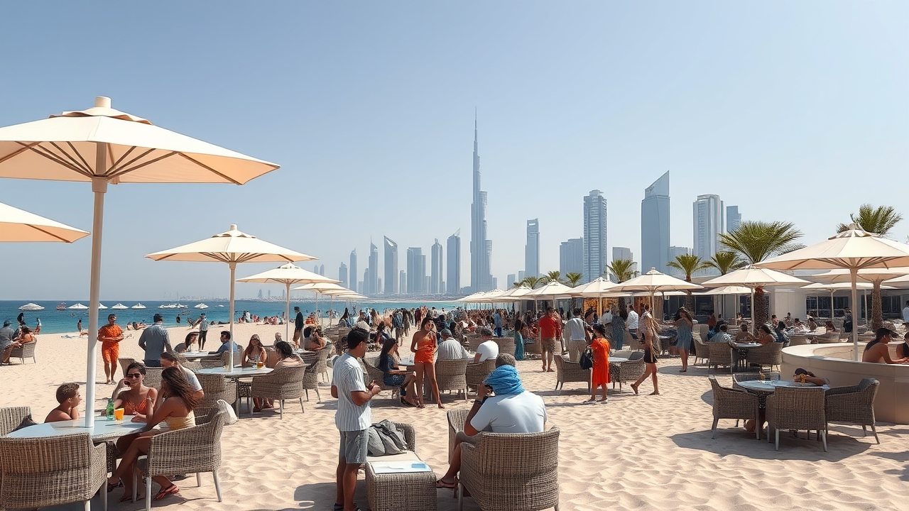 Crowded beach club on Palm West Beach with Marina skyline