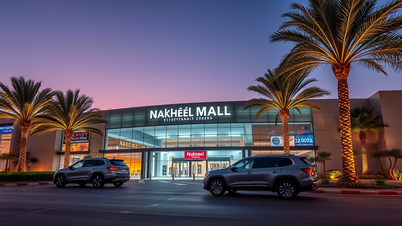 Nakheel Mall entrance at night on the Palm