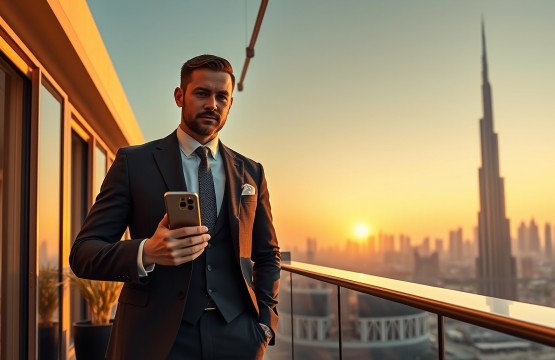 Professional man using smartphone in luxury Dubai apartment with Burj Khalifa background