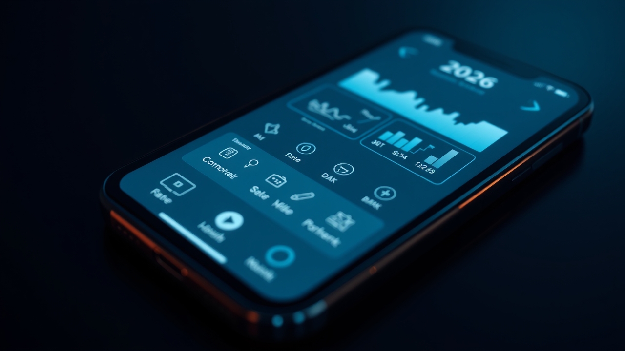 Futuristic 2026 mobile app interface on a smartphone screen