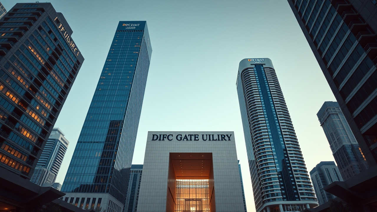 Aerial view of Dubai International Financial Centre DIFC skyline