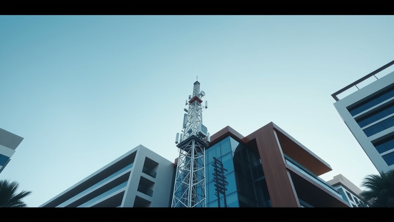 Close-up of a 5.5G telecommunications tower in Dubai