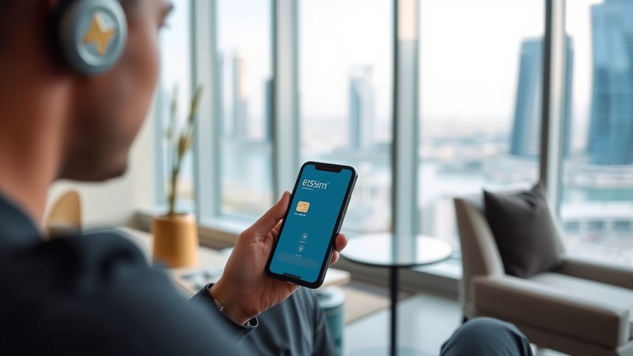 Digital nomad configuring eSim on a smartphone in Dubai Marina
