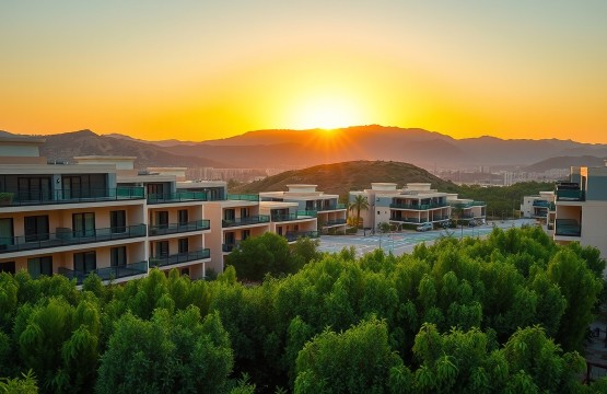 Modern residential buildings in Mirdif Hills Dubai at sunset