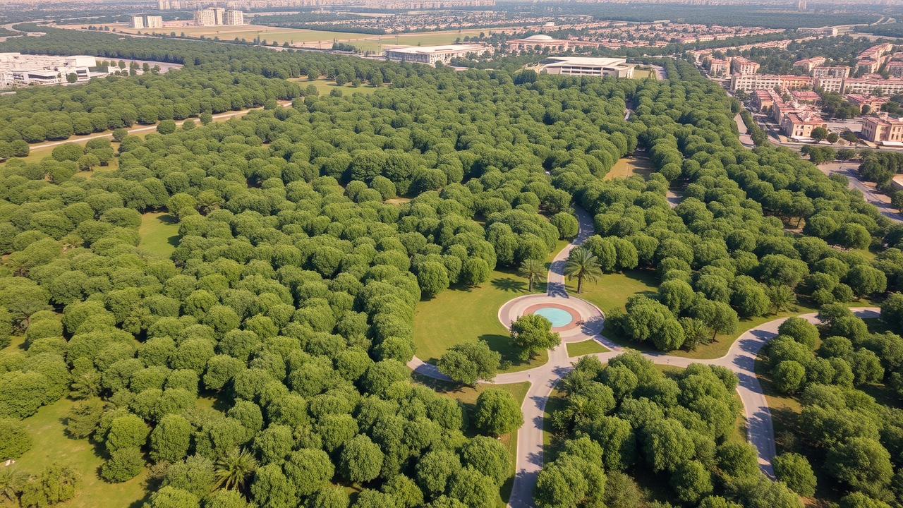 Aerial view of Mushrif Park forest and cycling trails