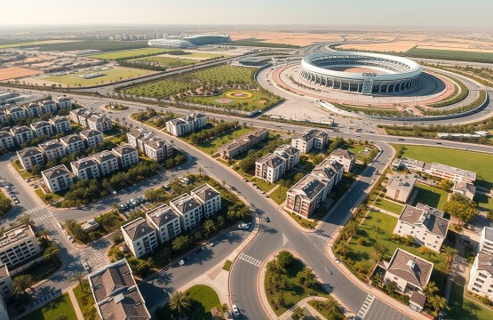 Aerial view of Motor City Dubai community and Autodrome