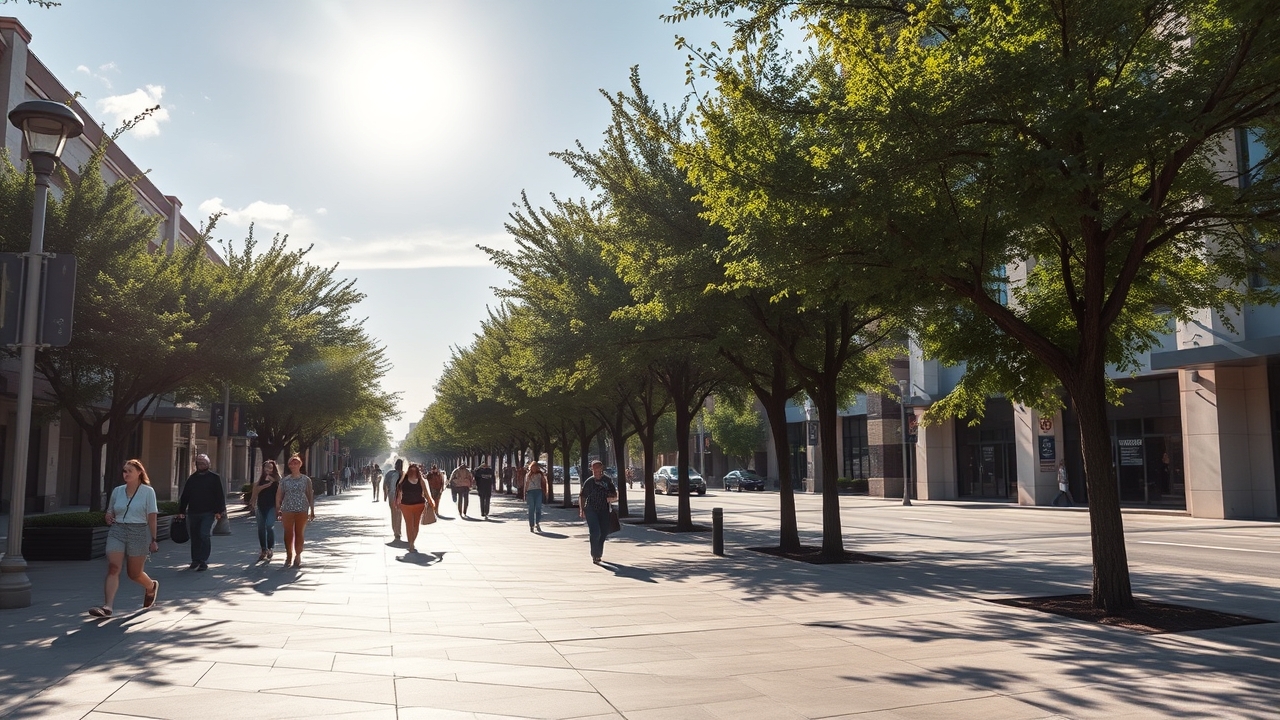 Walkable tree-lined street in UpTown Motor City