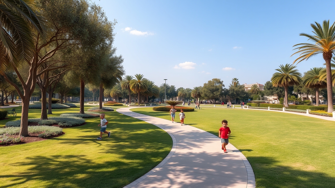 Green park and landscaping in Motor City community