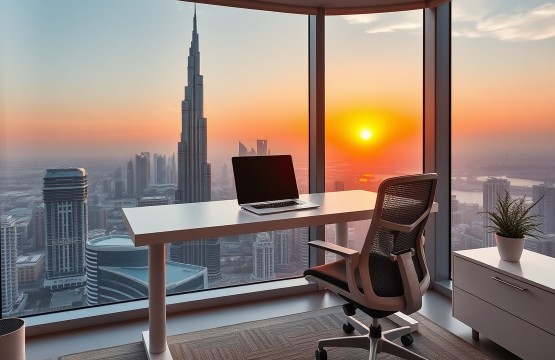 Modern Dubai home office with standing desk and Burj Khalifa view