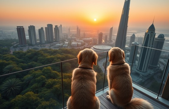Golden retriever on a balcony overlooking The Greens and The Views skyline in Dubai