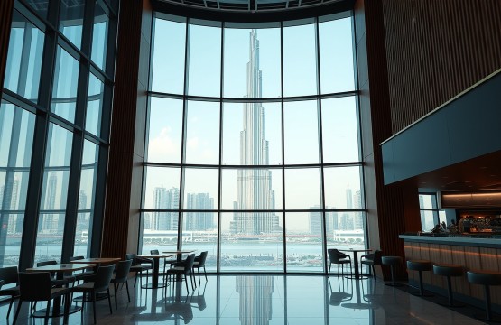 Modern Starbucks Reserve interior with Dubai skyline view