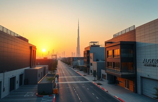 Al Quoz industrial creative district skyline at sunset